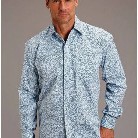 Stetson Cowboy Button Down White Shirt Blue & Green Paisley Print Size Large - Picture 8 of 11